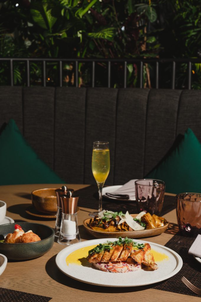 Lunch table spread with drinks